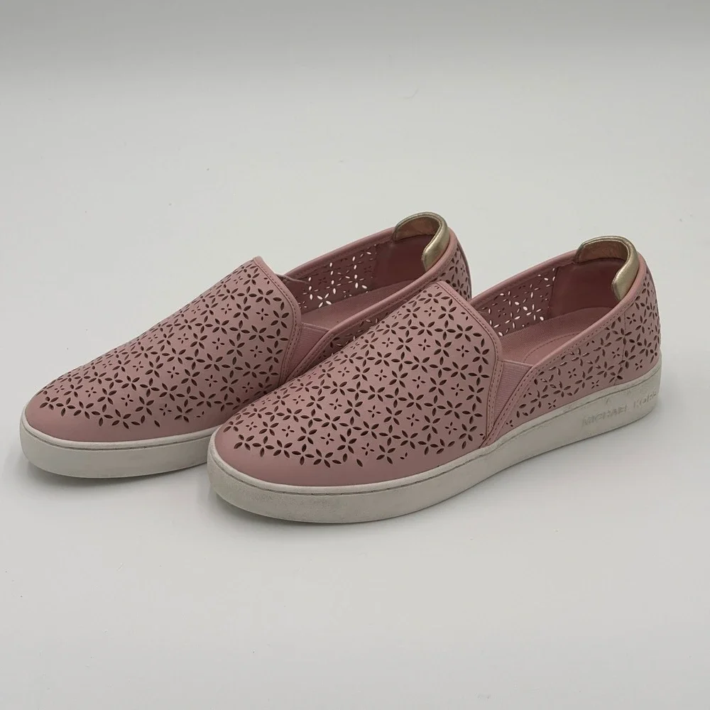 Michael Kors Womens Ophelia Slip On Sneakers Size 9.5 Pink Leather Gold Accent